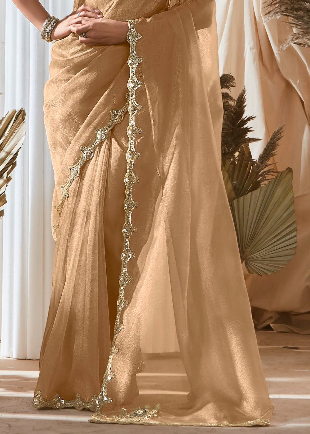 Tan Brown Tissue Saree with Dhaga,Thread & Sequin Embellishments