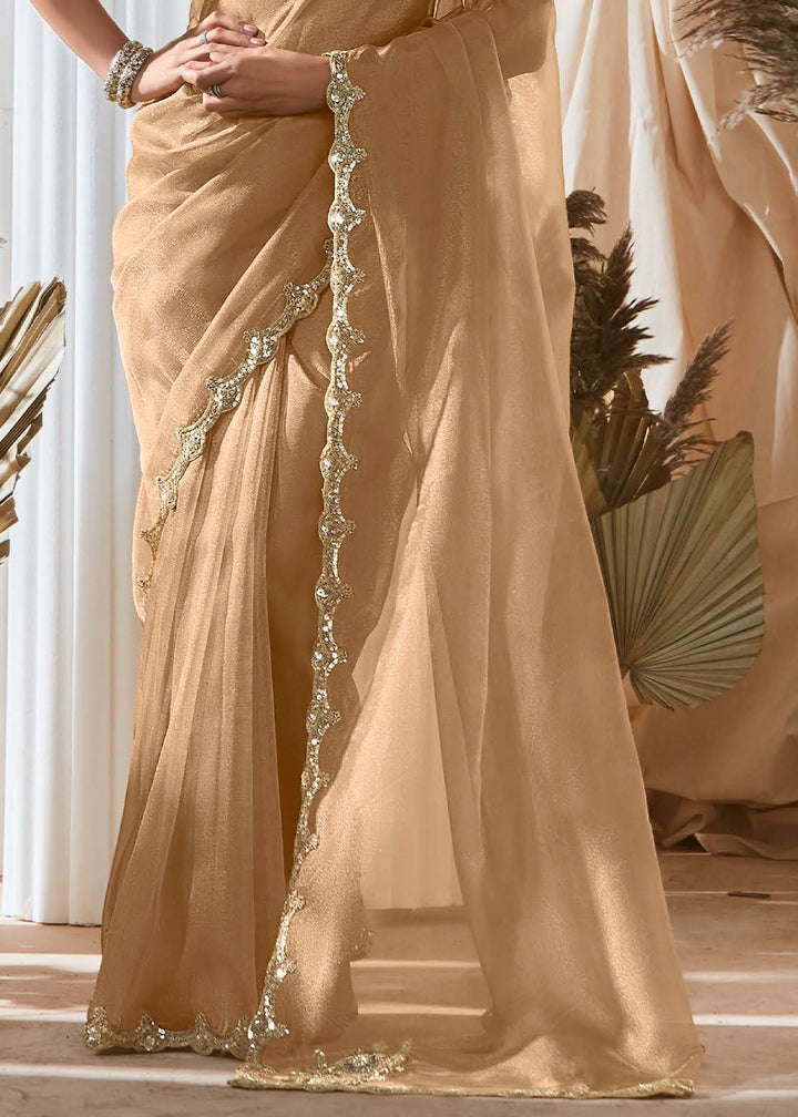 Tan Brown Tissue Saree with Dhaga,Thread & Sequin Embellishments