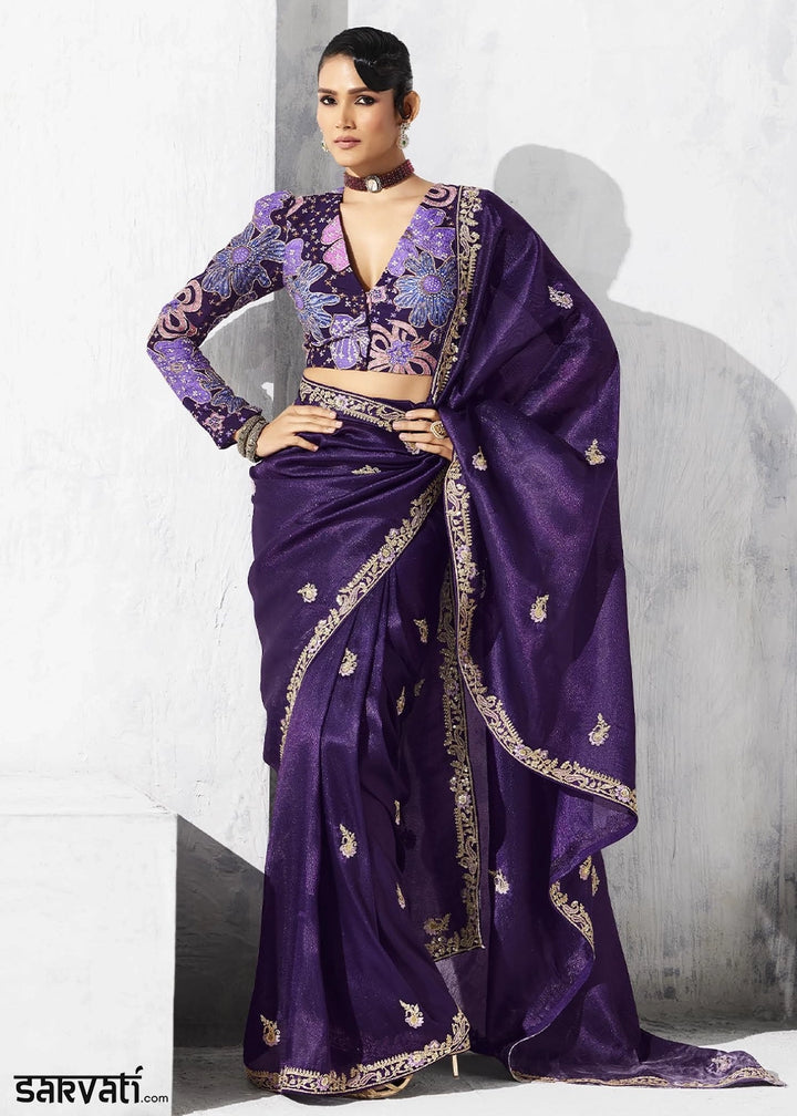 Nightshade Purple Tissue Saree with Intricate Embroidery & Designer Blouse