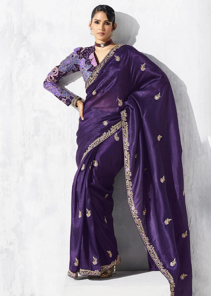 Nightshade Purple Tissue Saree with Intricate Embroidery & Designer Blouse