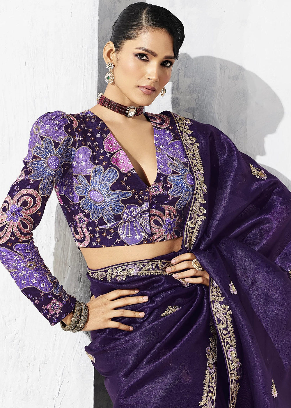 Nightshade Purple Tissue Saree with Intricate Embroidery & Designer Blouse