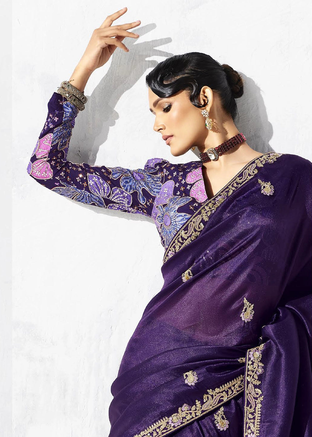 Nightshade Purple Tissue Saree with Intricate Embroidery & Designer Blouse