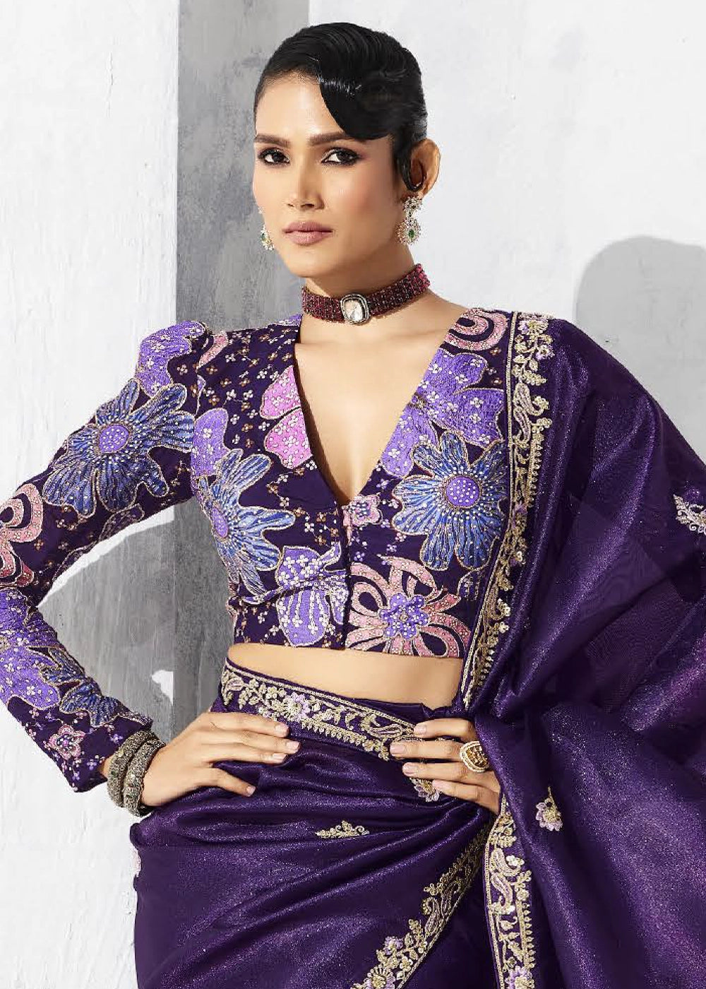 Nightshade Purple Tissue Saree with Intricate Embroidery & Designer Blouse