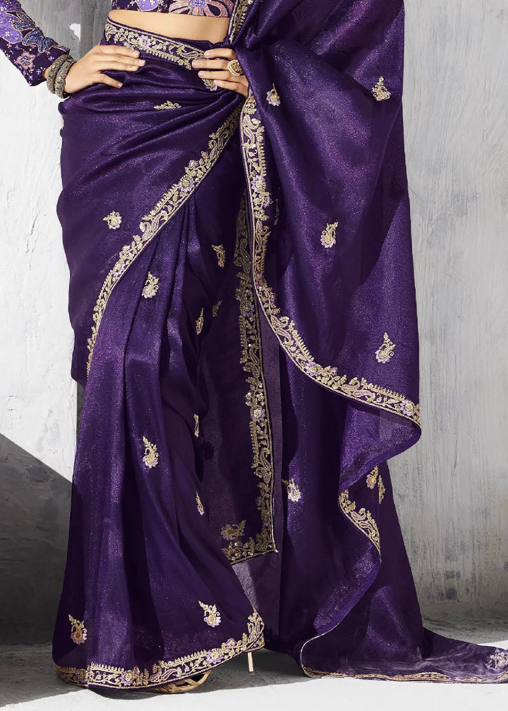 Nightshade Purple Tissue Saree with Intricate Embroidery & Designer Blouse