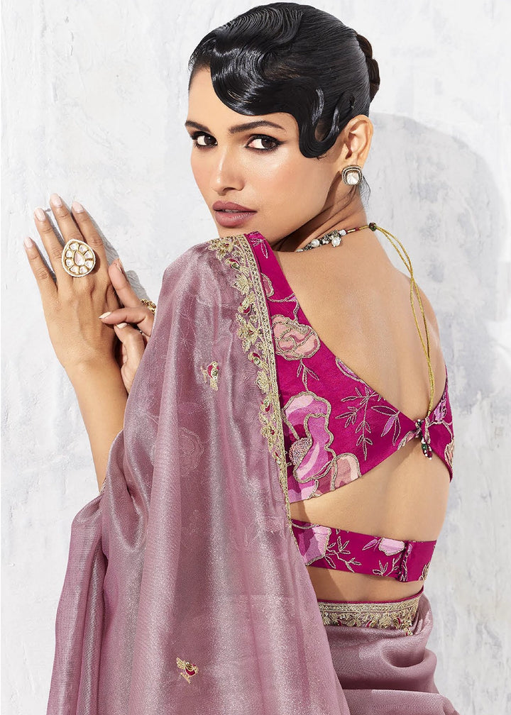 Pinkish Purple Tissue Saree with Intricate Embroidery & Designer Blouse
