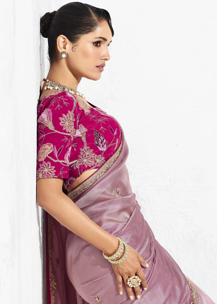 Pinkish Purple Tissue Saree with Intricate Embroidery & Designer Blouse