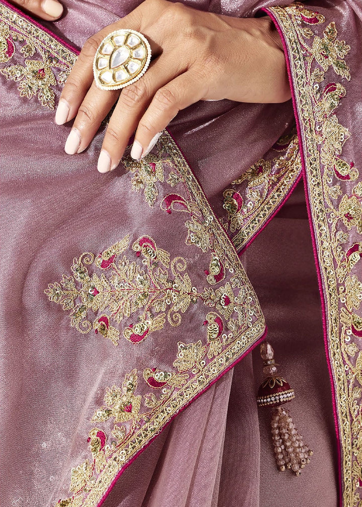 Pinkish Purple Tissue Saree with Intricate Embroidery & Designer Blouse