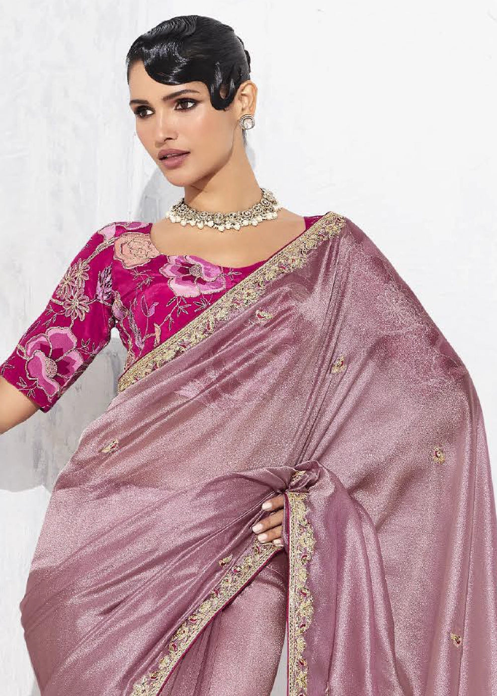 Pinkish Purple Tissue Saree with Intricate Embroidery & Designer Blouse