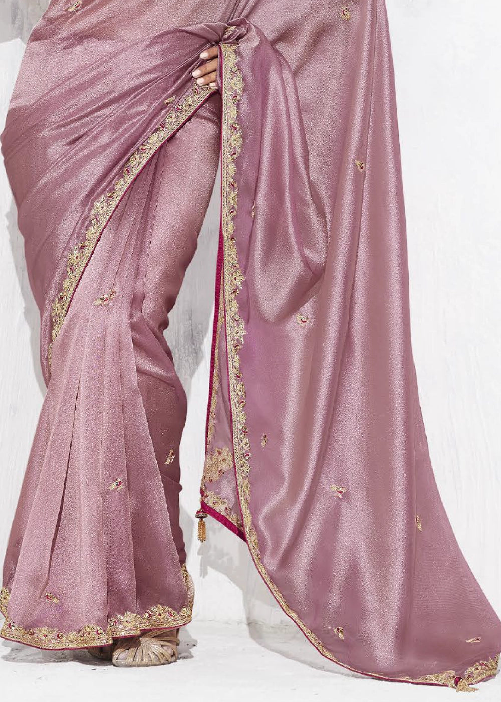 Pinkish Purple Tissue Saree with Intricate Embroidery & Designer Blouse