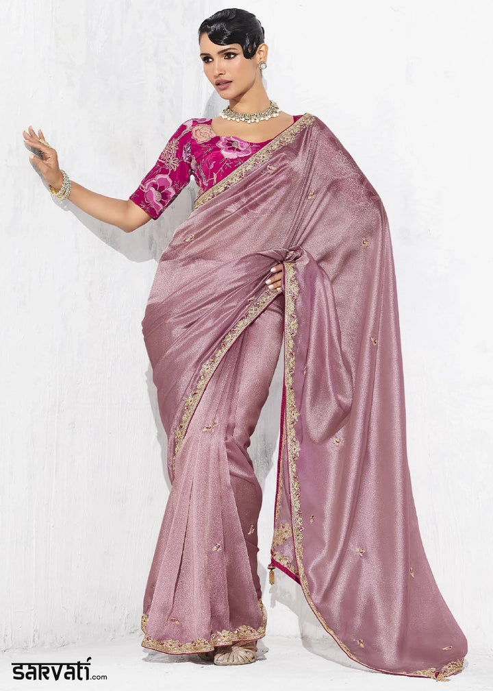 Pinkish Purple Tissue Saree with Intricate Embroidery & Designer Blouse
