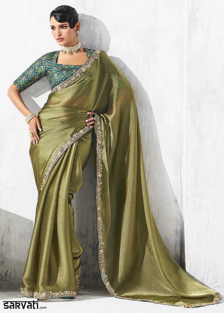 Olive Green Tissue Saree with Intricate Embroidery & Designer Blouse