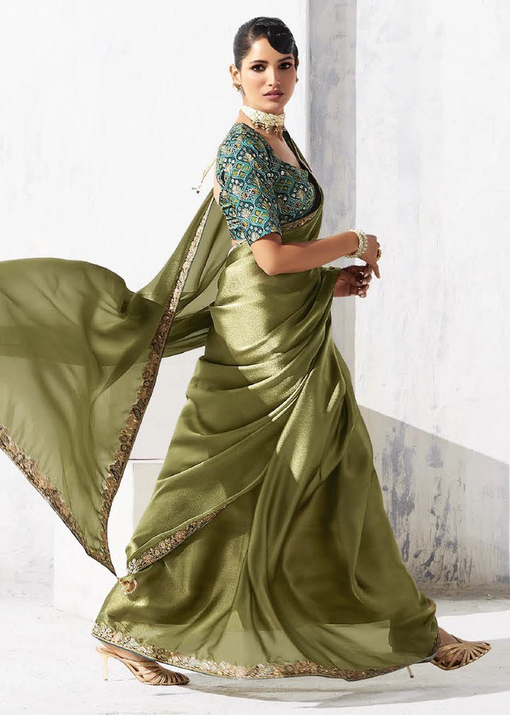 Olive Green Tissue Saree with Intricate Embroidery & Designer Blouse