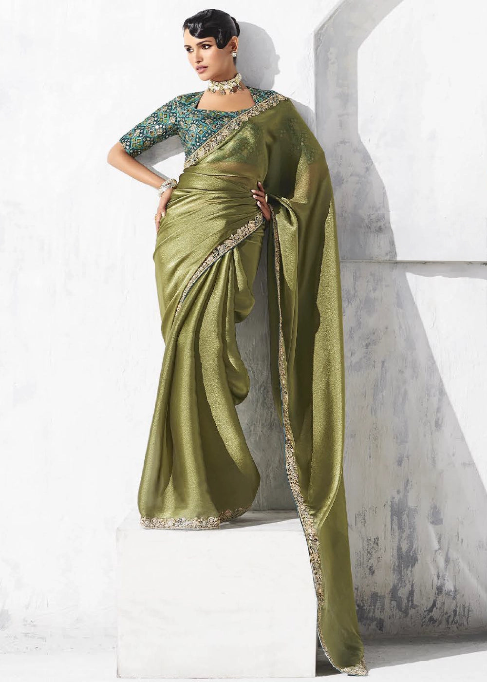 Olive Green Tissue Saree with Intricate Embroidery & Designer Blouse