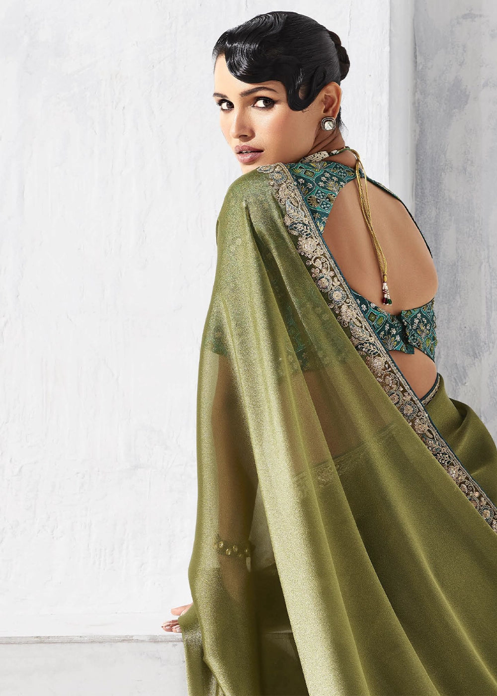 Olive Green Tissue Saree with Intricate Embroidery & Designer Blouse