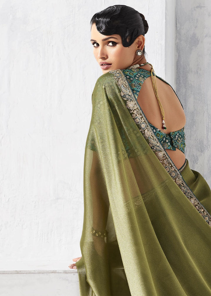 Olive Green Tissue Saree with Intricate Embroidery & Designer Blouse