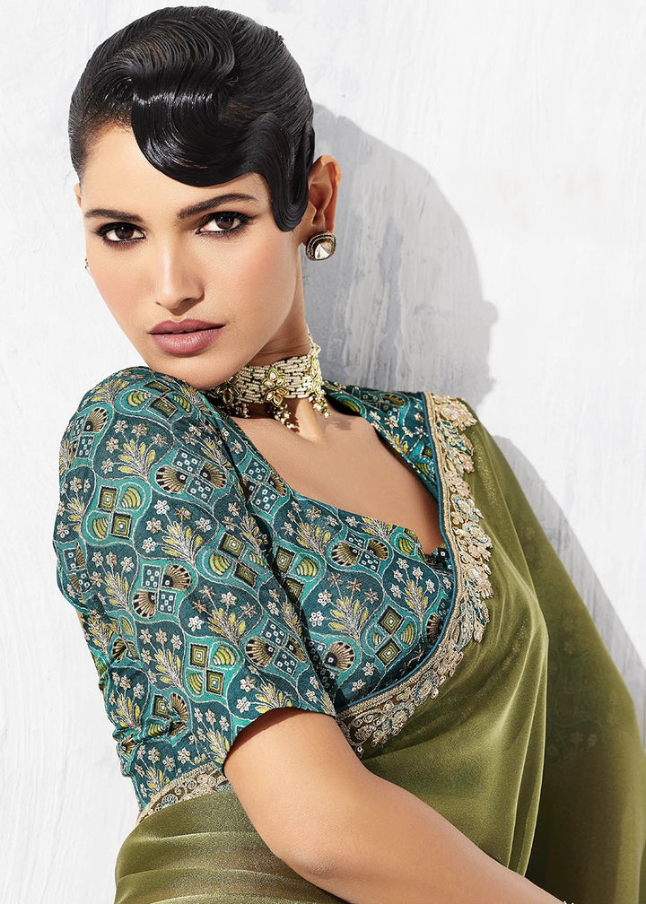 Olive Green Tissue Saree with Intricate Embroidery & Designer Blouse