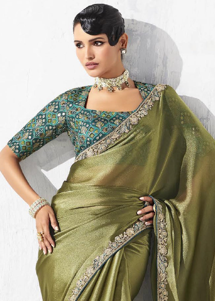 Olive Green Tissue Saree with Intricate Embroidery & Designer Blouse