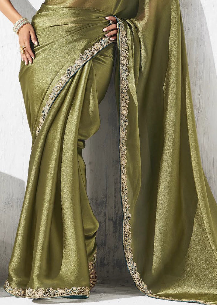 Olive Green Tissue Saree with Intricate Embroidery & Designer Blouse