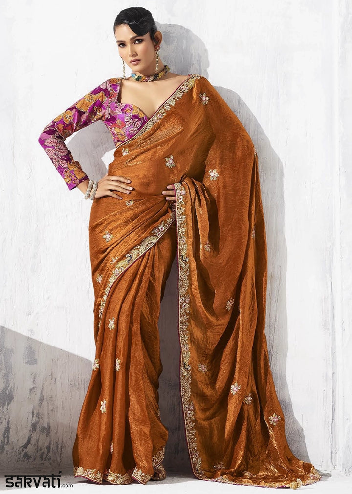 Bronze Brown Tissue Saree with Intricate Embroidery & Designer Blouse
