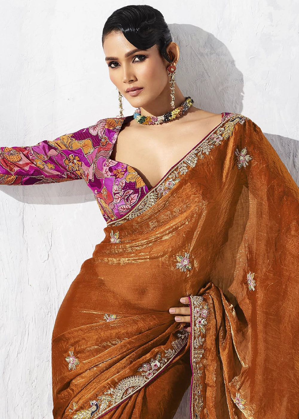 Bronze Brown Tissue Saree with Intricate Embroidery & Designer Blouse