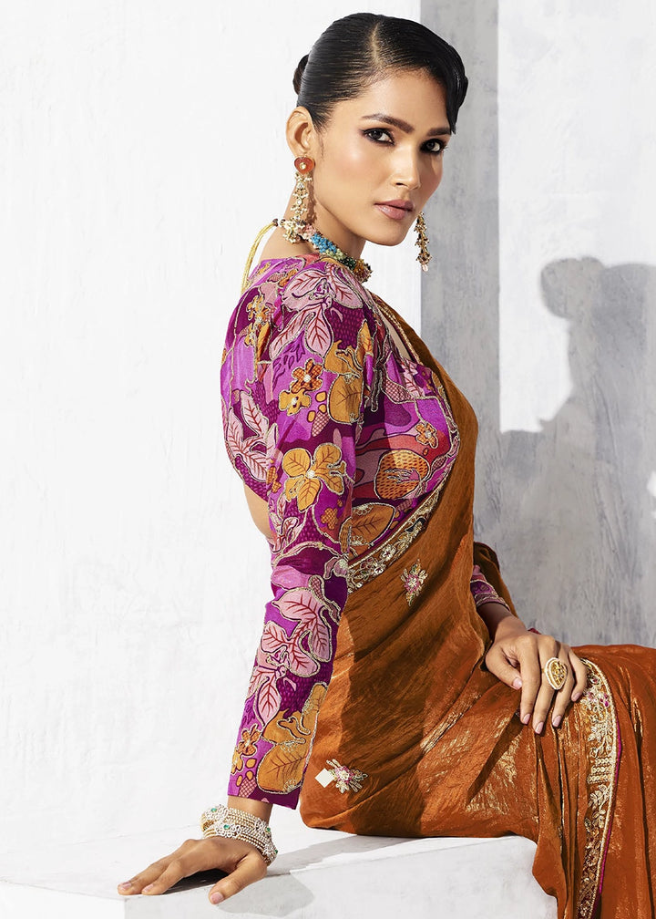 Bronze Brown Tissue Saree with Intricate Embroidery & Designer Blouse
