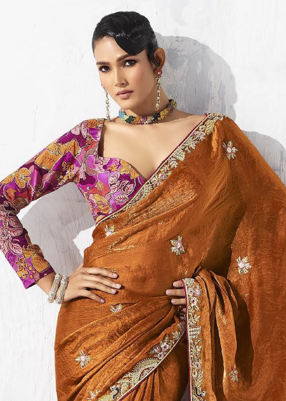 Bronze Brown Tissue Saree with Intricate Embroidery & Designer Blouse