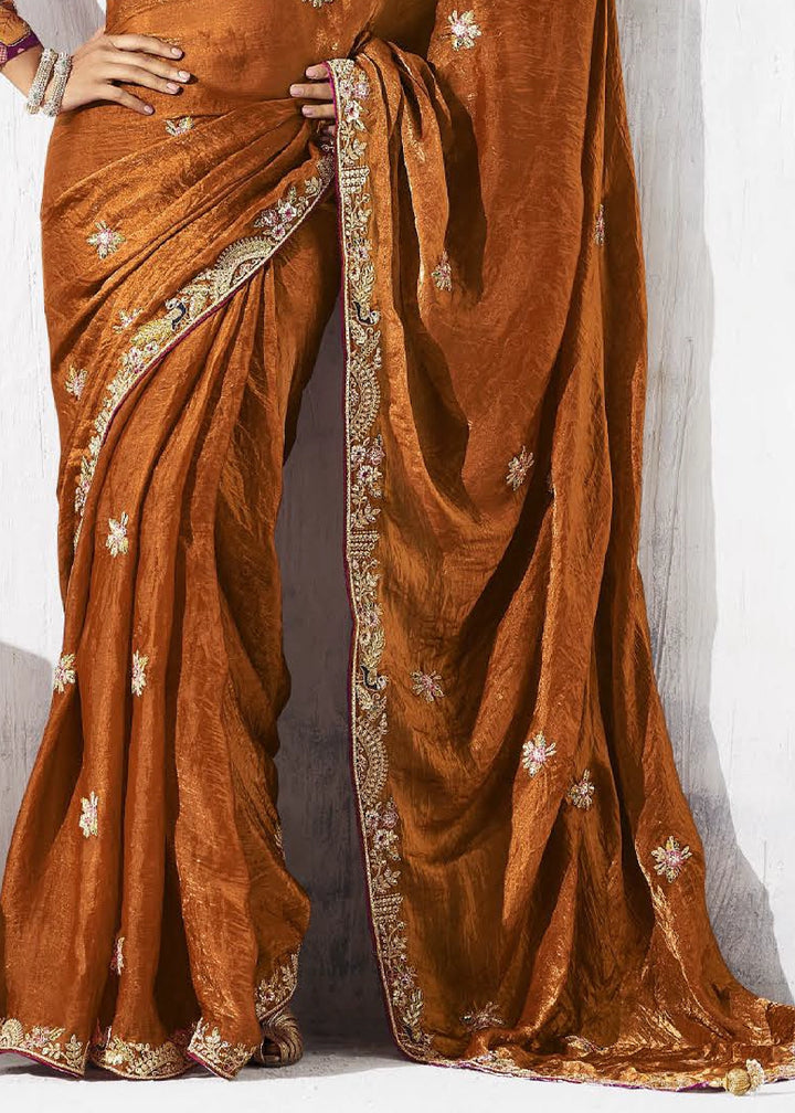 Bronze Brown Tissue Saree with Intricate Embroidery & Designer Blouse