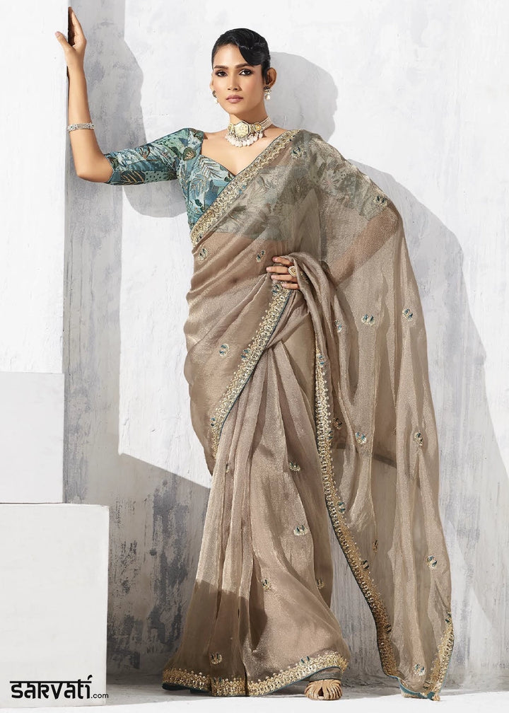 Mink Grey Tissue Saree with Intricate Embroidery & Designer Blouse