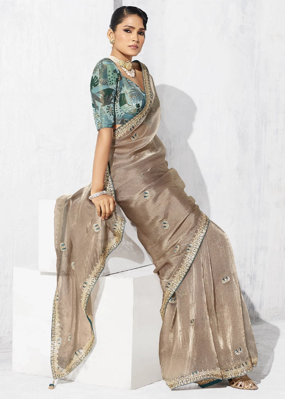 Mink Grey Tissue Saree with Intricate Embroidery & Designer Blouse