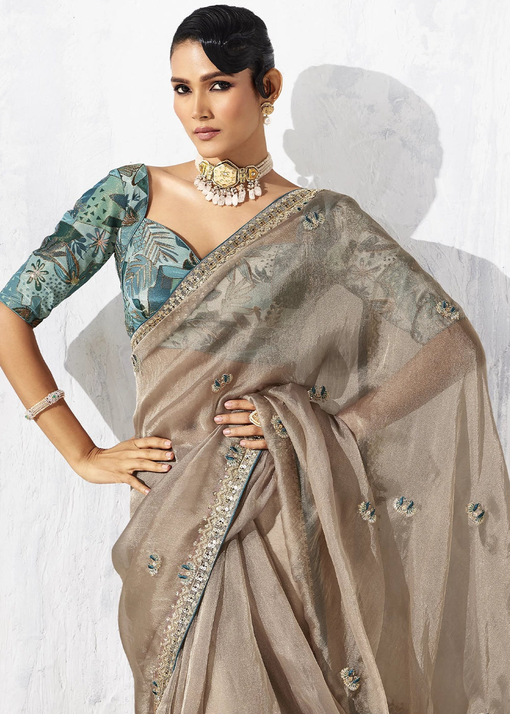 Mink Grey Tissue Saree with Intricate Embroidery & Designer Blouse