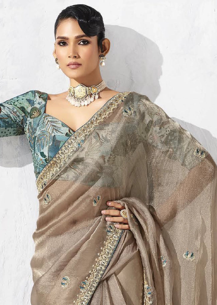 Mink Grey Tissue Saree with Intricate Embroidery & Designer Blouse