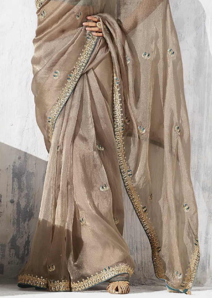 Mink Grey Tissue Saree with Intricate Embroidery & Designer Blouse