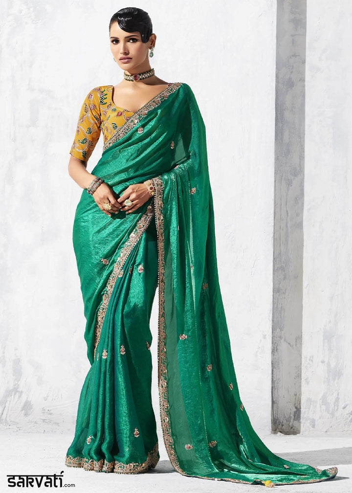 Teal Green Tissue Saree with Intricate Embroidery & Designer Blouse