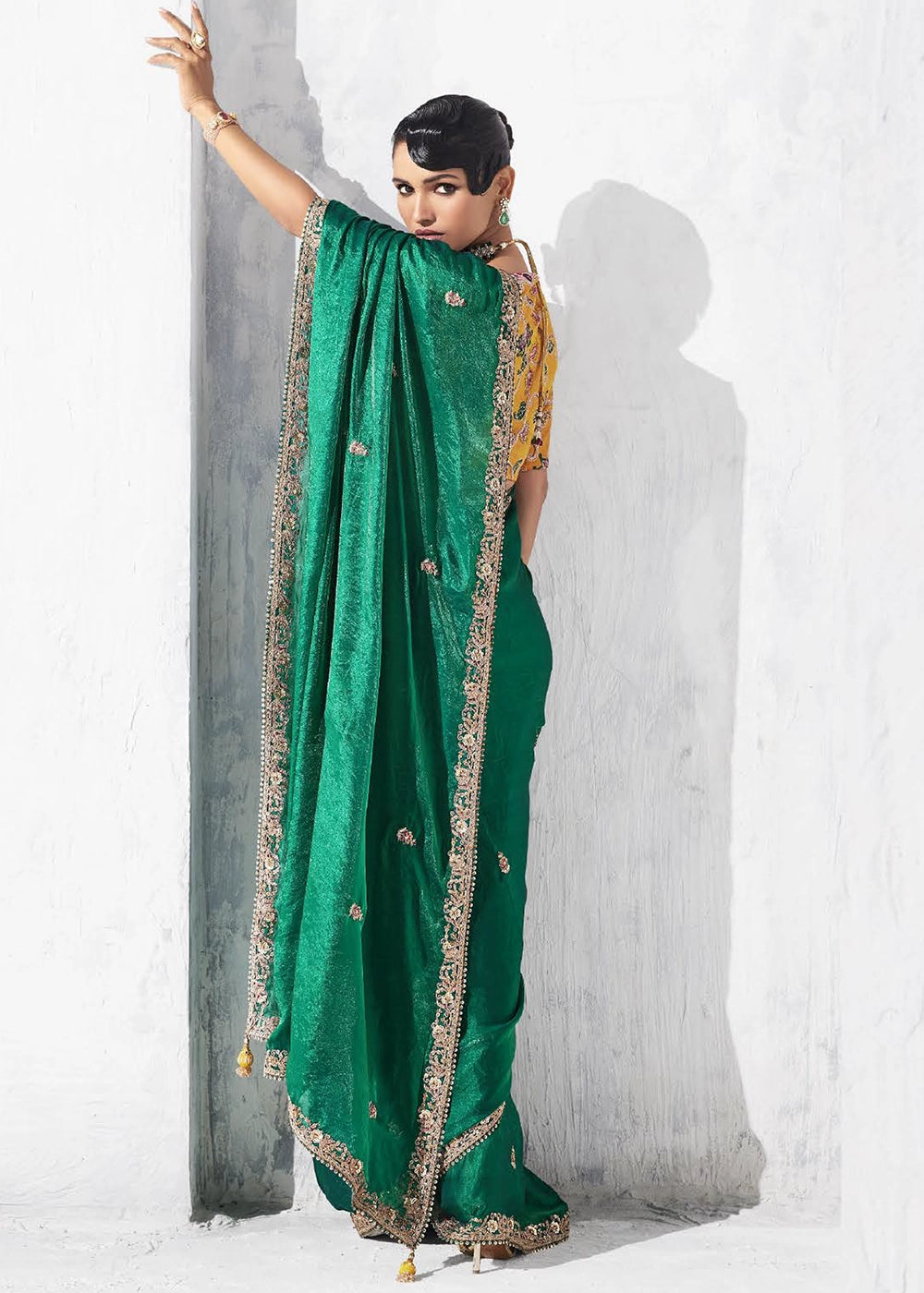 Teal Green Tissue Saree with Intricate Embroidery & Designer Blouse