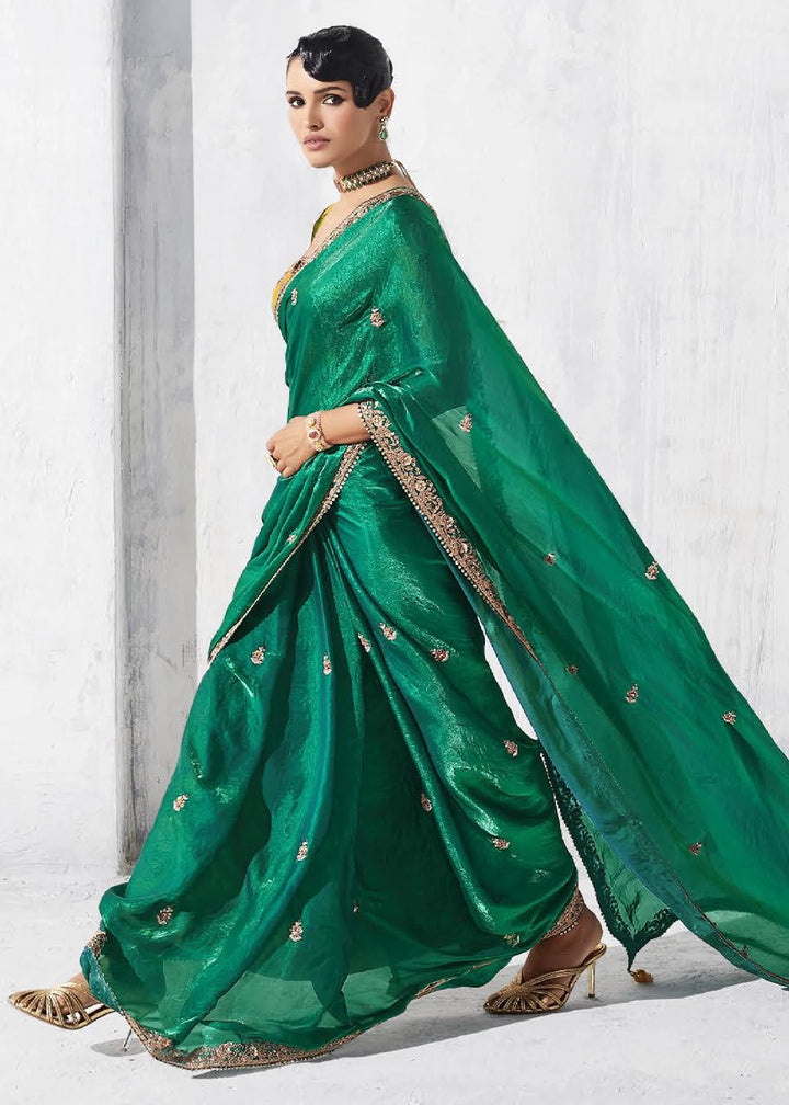 Teal Green Tissue Saree with Intricate Embroidery & Designer Blouse