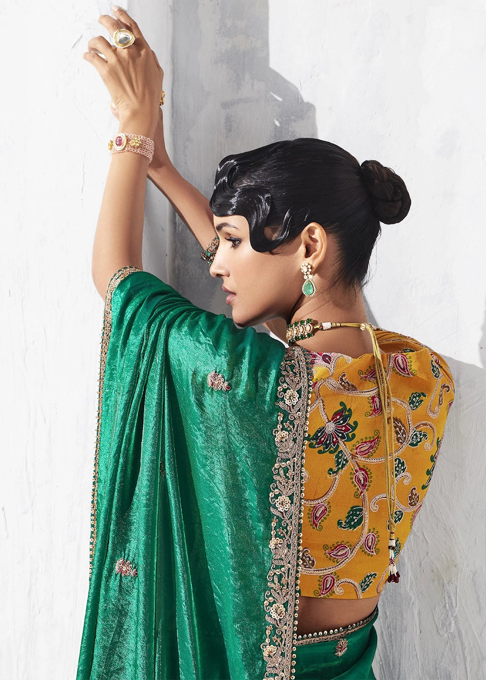 Teal Green Tissue Saree with Intricate Embroidery & Designer Blouse