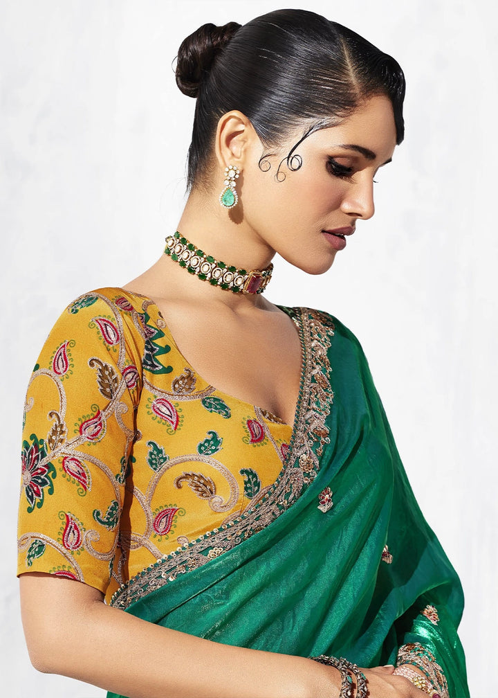 Teal Green Tissue Saree with Intricate Embroidery & Designer Blouse