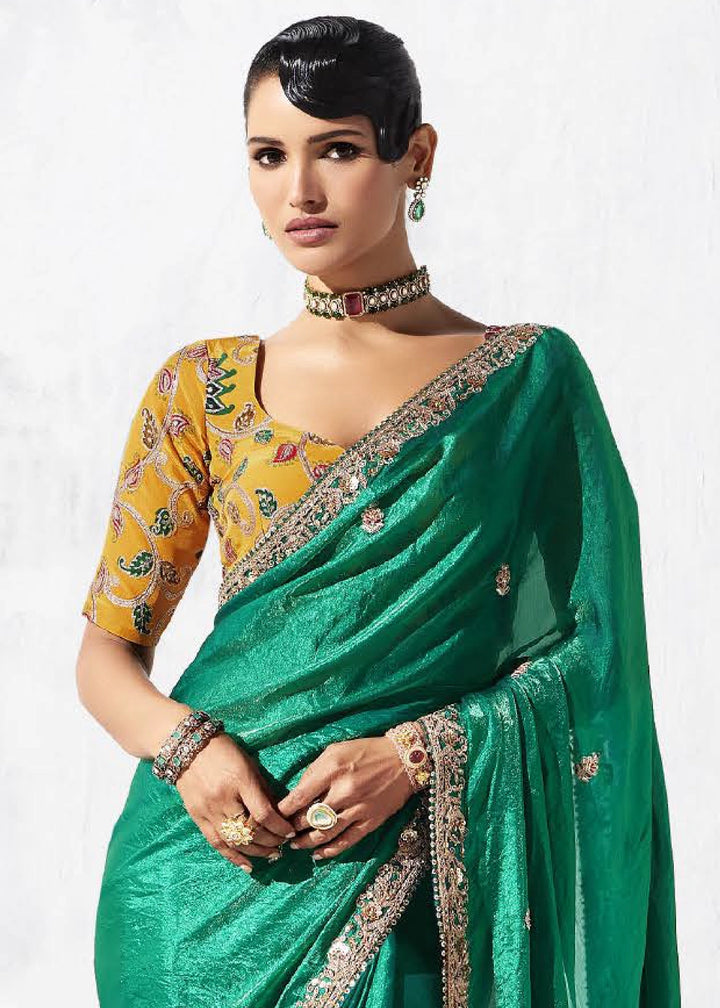 Teal Green Tissue Saree with Intricate Embroidery & Designer Blouse