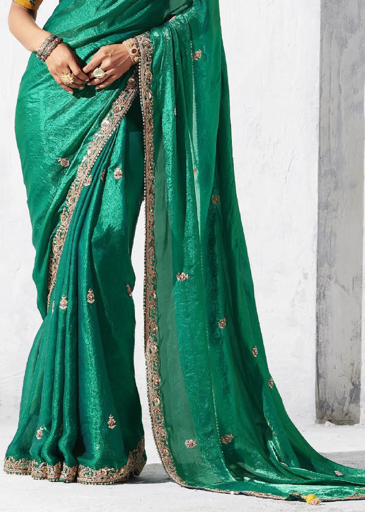 Teal Green Tissue Saree with Intricate Embroidery & Designer Blouse