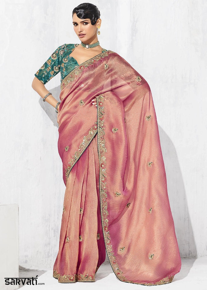 Shaded Pink Tissue Saree with Intricate Embroidery & Designer Blouse