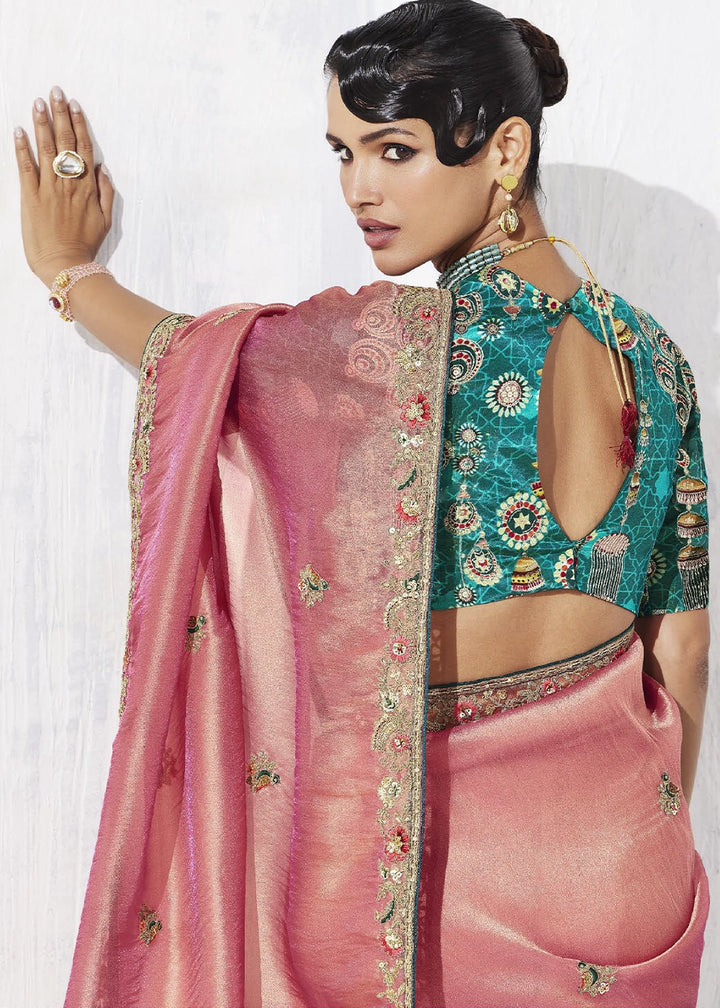 Shaded Pink Tissue Saree with Intricate Embroidery & Designer Blouse