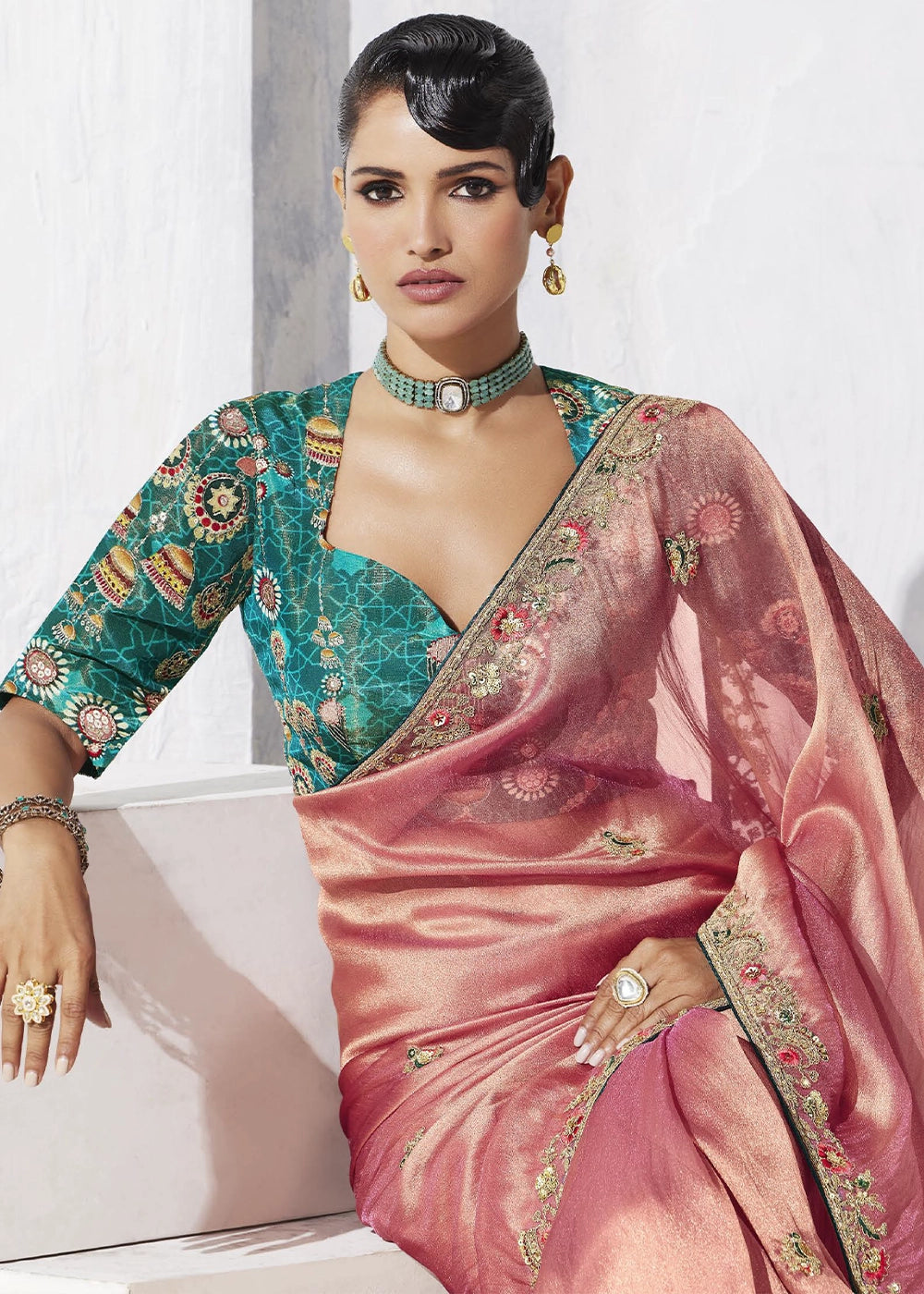 Shaded Pink Tissue Saree with Intricate Embroidery & Designer Blouse