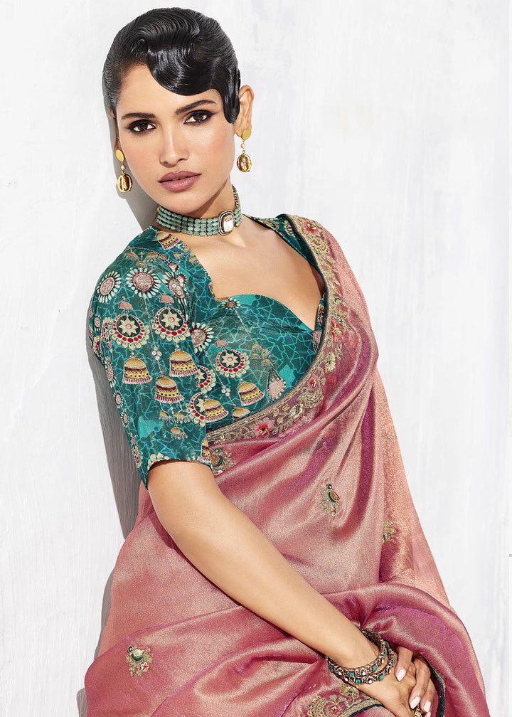Shaded Pink Tissue Saree with Intricate Embroidery & Designer Blouse