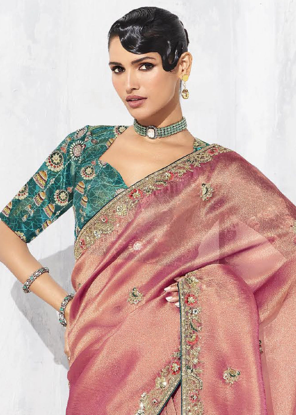 Shaded Pink Tissue Saree with Intricate Embroidery & Designer Blouse