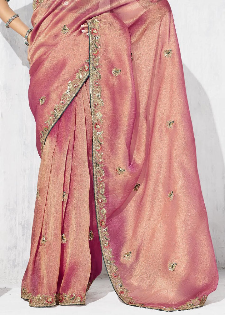 Shaded Pink Tissue Saree with Intricate Embroidery & Designer Blouse