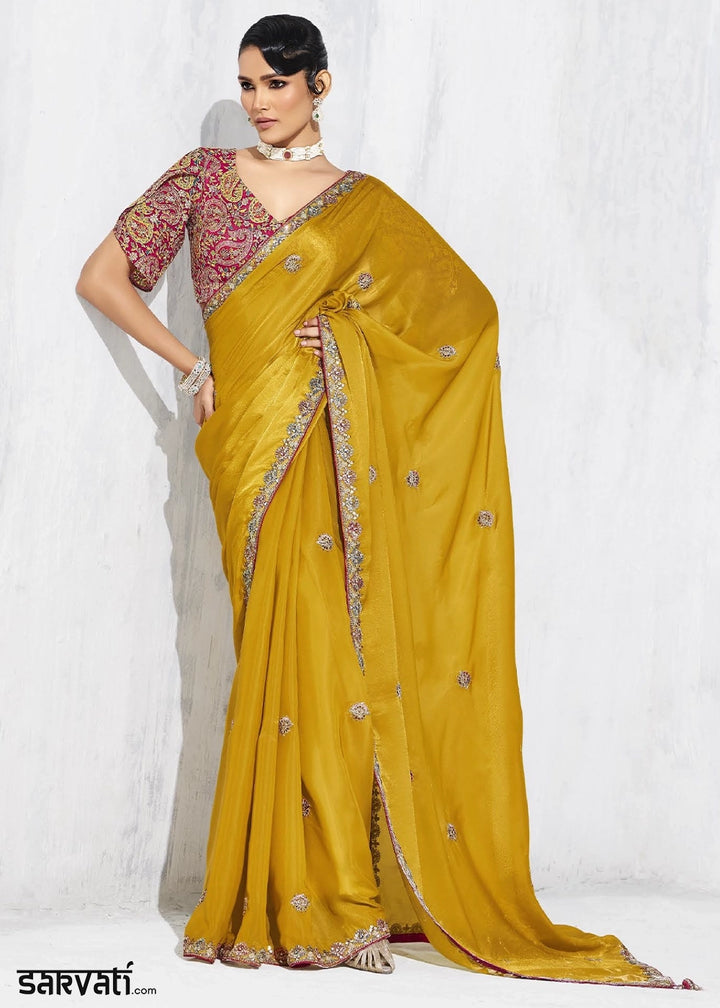 Canary Yellow Tissue Saree with Intricate Embroidery & Designer Blouse