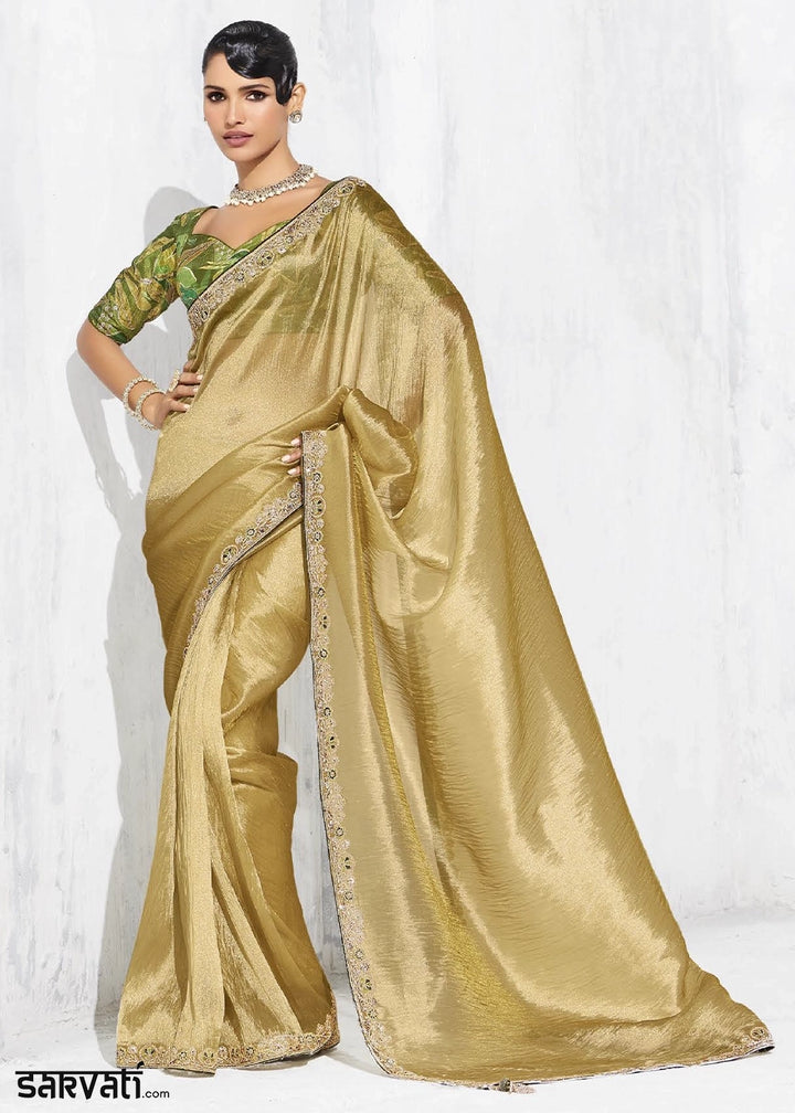 Acid Green Tissue Saree with Intricate Embroidery & Designer Blouse