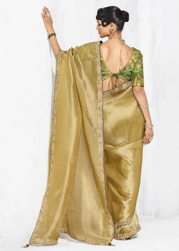 Acid Green Tissue Saree with Intricate Embroidery & Designer Blouse