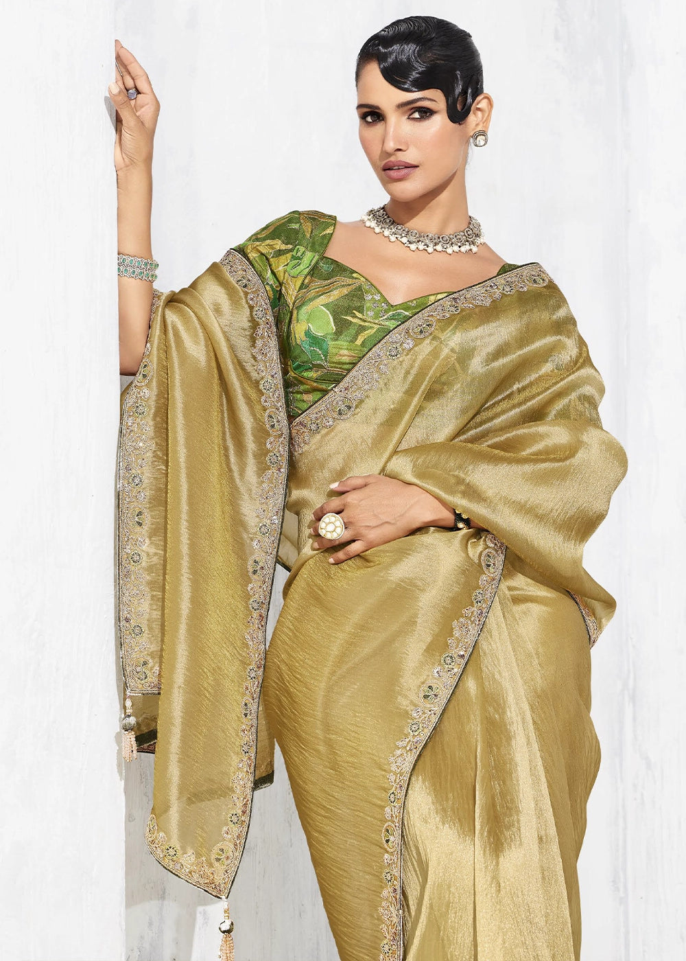 Acid Green Tissue Saree with Intricate Embroidery & Designer Blouse
