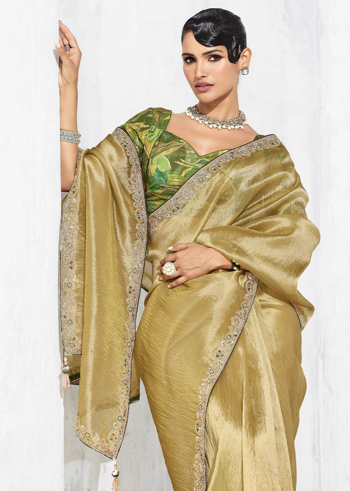 Acid Green Tissue Saree with Intricate Embroidery & Designer Blouse